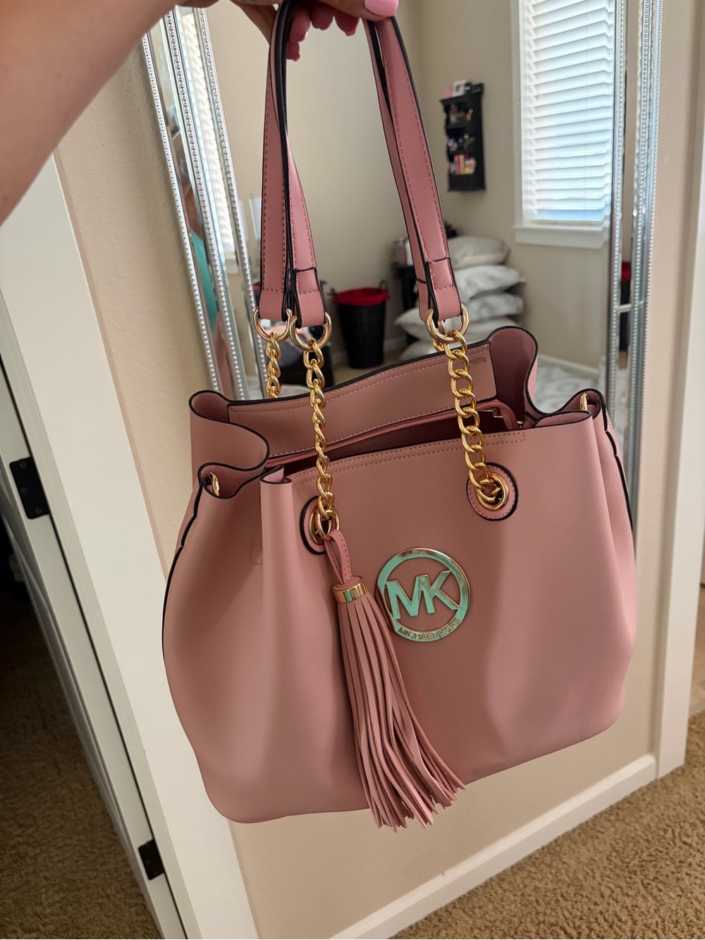 Michael Kors Blush Pink Leather Shoulder Bag with Tassel & Gold Chain